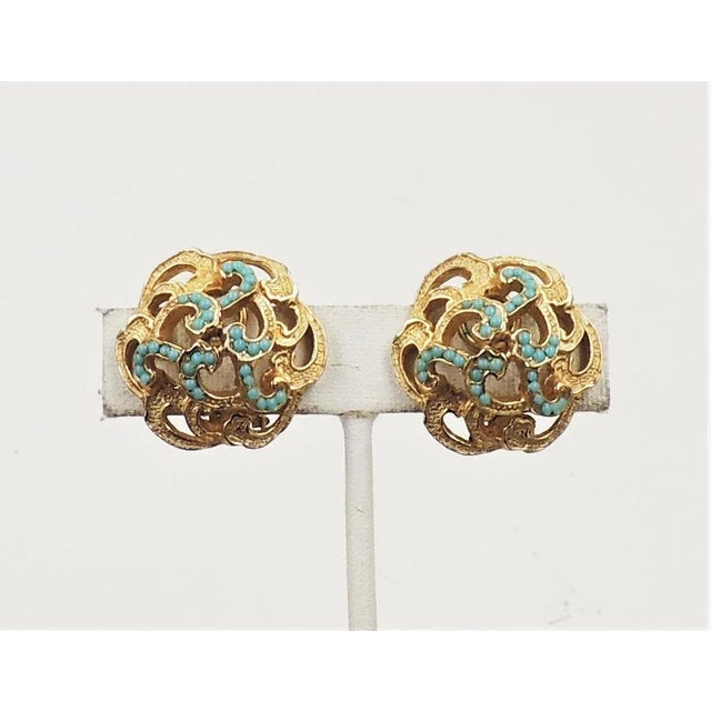 Metal Vintage 1960s De Nicola Cabochon Faux-Turquoise Clip Earrings - 2 Pieces For Sale - Image 7 of 9