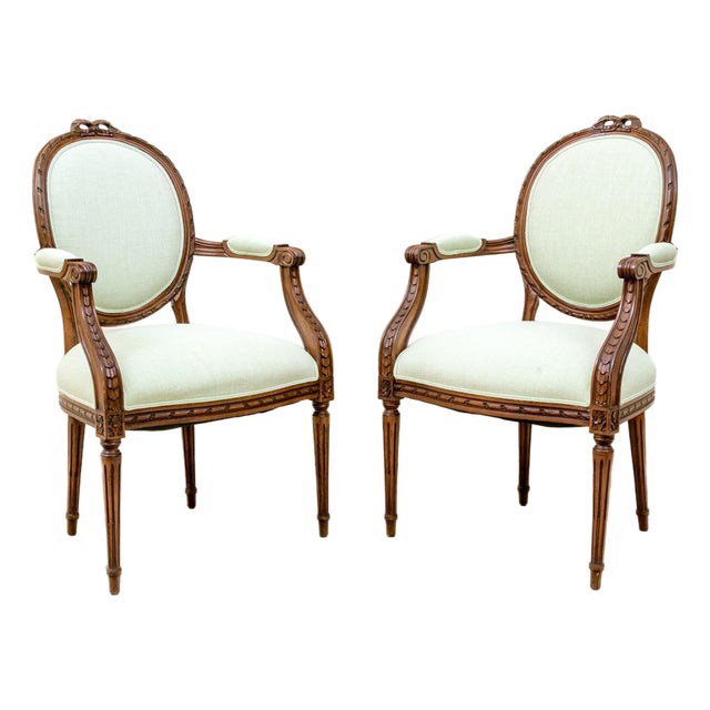 Pair of French Louis XVI Revival Fruitwood Fauteuil Arm Chairs, Circa 1910–1920 For Sale