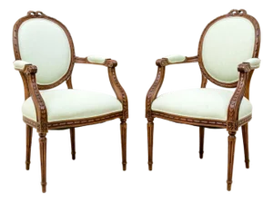 Pair of French Louis XVI Revival Fruitwood Fauteuil Arm Chairs, Circa 1910–1920