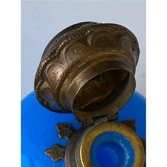 Antique French Blue Opaline Perfume Scent Bottle With Miniature Louvre Painting, Circa 1850, Perfume Museum For Sale - Image 4 of 11