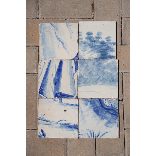 18th Century Portuguese Hand-Painted Baroque Landscape Tiles Featuring Figure Drapery & Scenic Elements, Set of 6 Circa:...