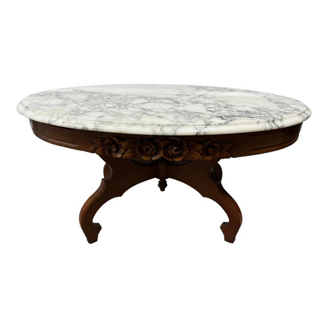 Vintage Oval Victorian Mahogany Wood Marble Coffee Table For Sale