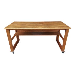 Vintage Solid Oak Work Table with Lower Shelf For Sale