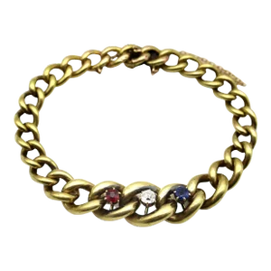 14K Gold Edwardian Graduated Curb Link Bracelet with Ruby, Diamond & Sapphire