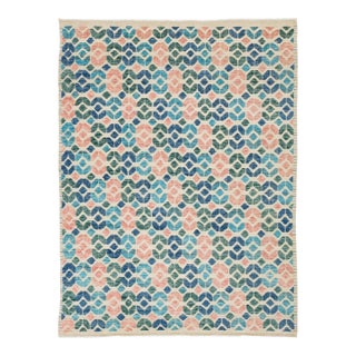 Modern Geometric Tulu Style Hand-Knotted Wool Area Rug in Terracotta and Blue For Sale