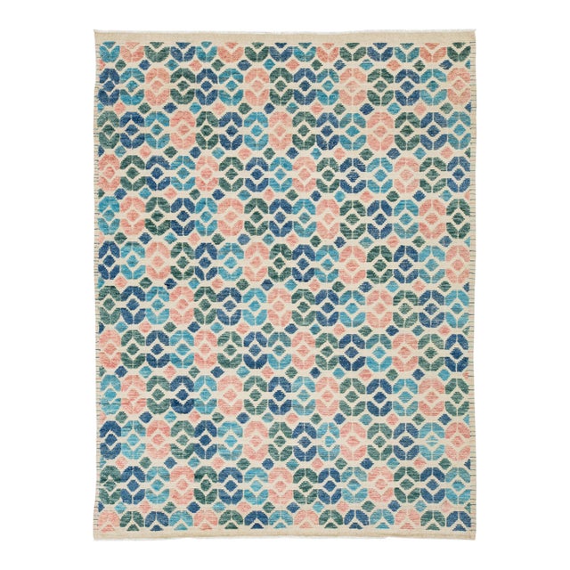 Modern Geometric Tulu Style Hand-Knotted Wool Area Rug in Terracotta and Blue For Sale