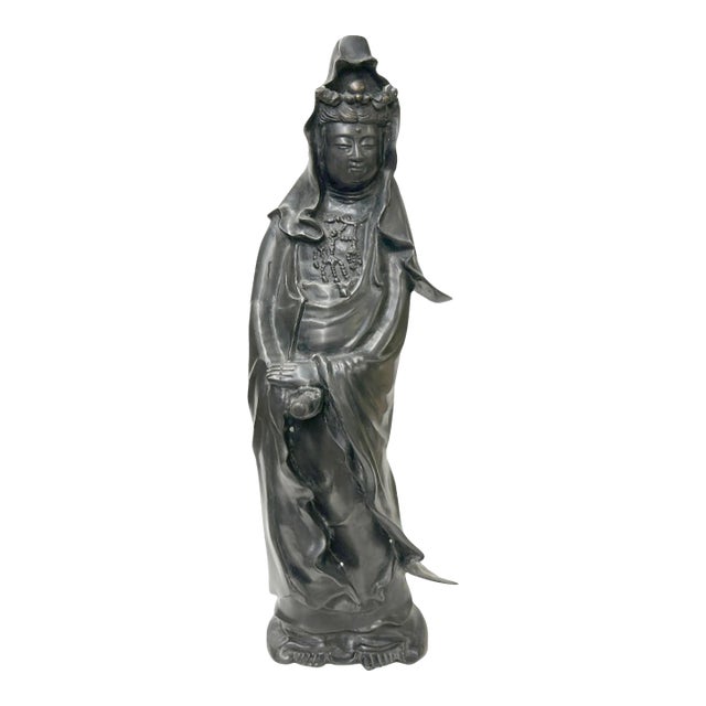 Vintage Chinese Black Metal Bodhisattva Kwan Yin Buddha Statue For Sale