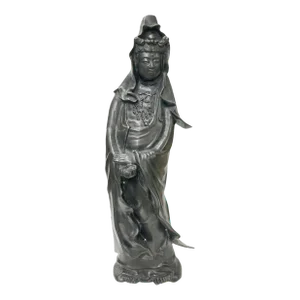 Vintage Chinese Black Metal Bodhisattva Kwan Yin Buddha Statue