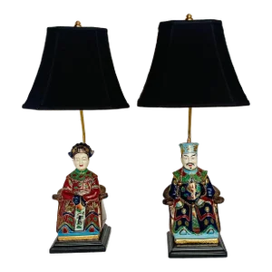 Vintage Chinese Chinoiserie Hand Painted Porcelain Emperor & Empress Table Lamps-A Pair