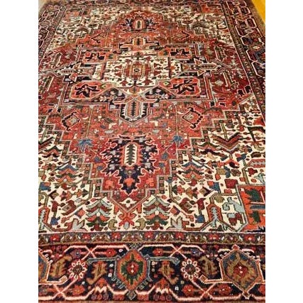 Vintage Room Size Persian Heriz, Handwoven Geometric Medallion Pattern, Red & Navy, 9’ X 11’ For Sale - Image 4 of 12