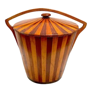 American Modernist Geometric Inlaid Two-Tone Wood Lidded Bucket /Vessel, 1950s