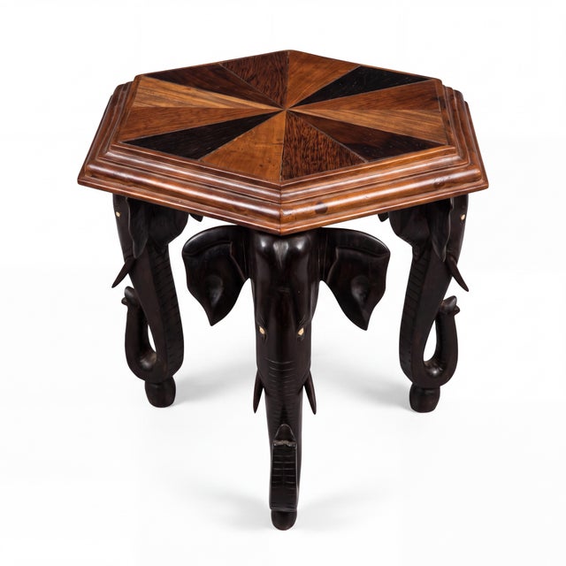 Black Early Anglo-Indian Carved Elephant Form Drinks Table W/ Parquetry Sunburst Top For Sale - Image 8 of 8