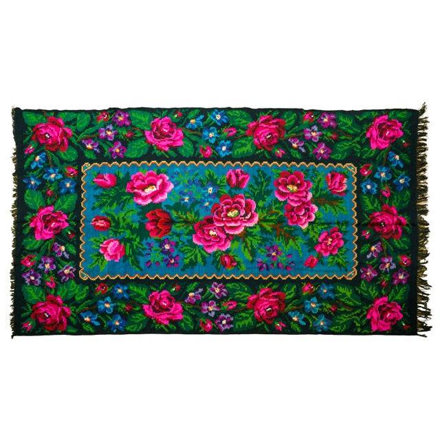 Vintage Romanian Handwoven Wool Rug with Floral Folk Pattern and Fringe, 1960s For Sale - Image 13 of 13