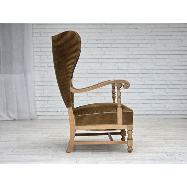 Scandinavian Wingback in Corduroy and Carved Oak, 1970s For Sale - Image 12 of 18