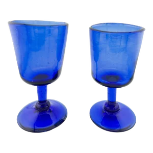 Pair of 1960s Vintage Hand Blown Cobalt Blue Stemmed Wine Goblets