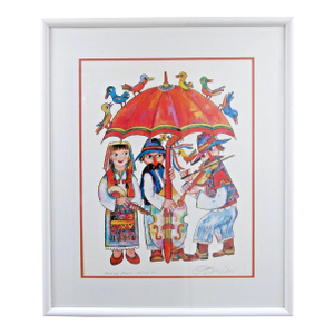 1970s Jovan Obican Musical Umbrella Artist Proof Edition 1000 White Framed and Signed