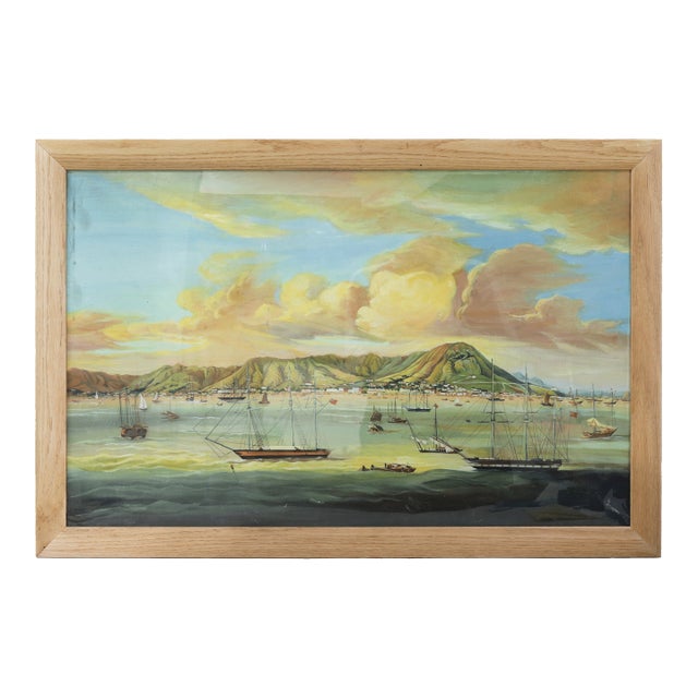 Vintage Framed Canton Export Scene Painting Maritime Harbor With Masted Sailing Ships For Sale