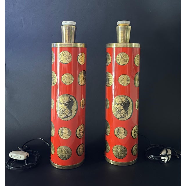 Vintage Italian table lamp with painted metal decorated with cameos on red background (lithographical and transfer-...