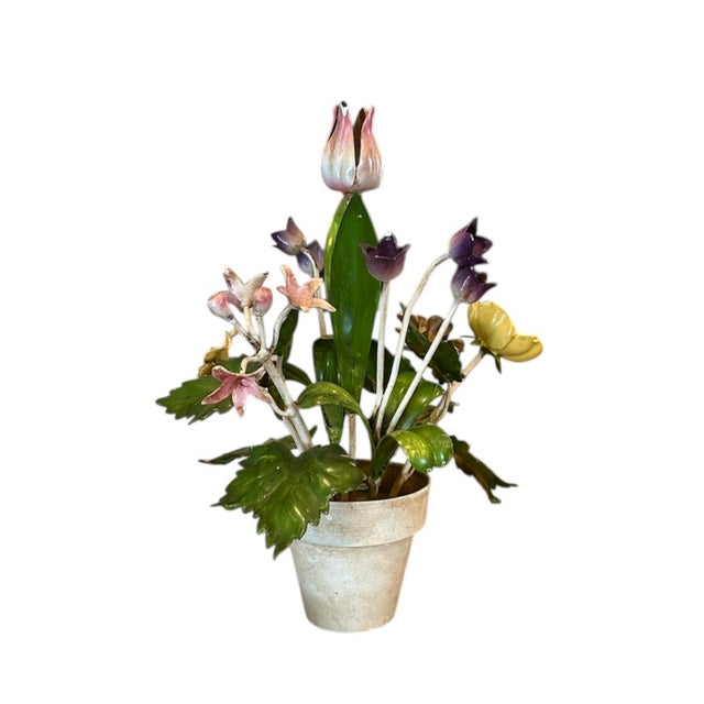 Hollywood Regency Vintage Italian Tole Potted Flowers / Floral Toleware Arrangement Sculpture With Tulip, Buttercup and Lily Blooms For Sale - Image 3 of 7
