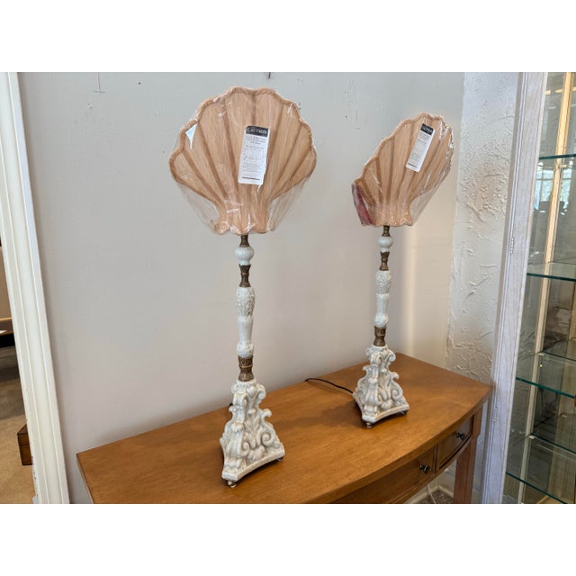 Late 20th Century Late 20th Century White Porcelain Buffet Lamps With Silk Shell Shades - a Pair For Sale - Image 5 of 6