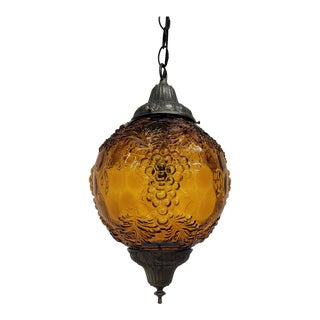 Vintage 1970s Hollywood Regency Gold Glass Swag Hanging Lamp Plug in Pendant Light For Sale