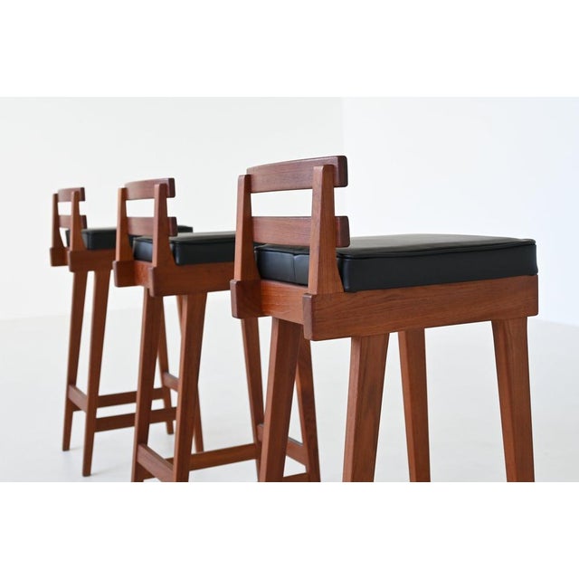 Black Vintage Bar Stools in Teak and Leather by Erik Buck for Dyrlund, 1960, Set of 3 For Sale - Image 8 of 18