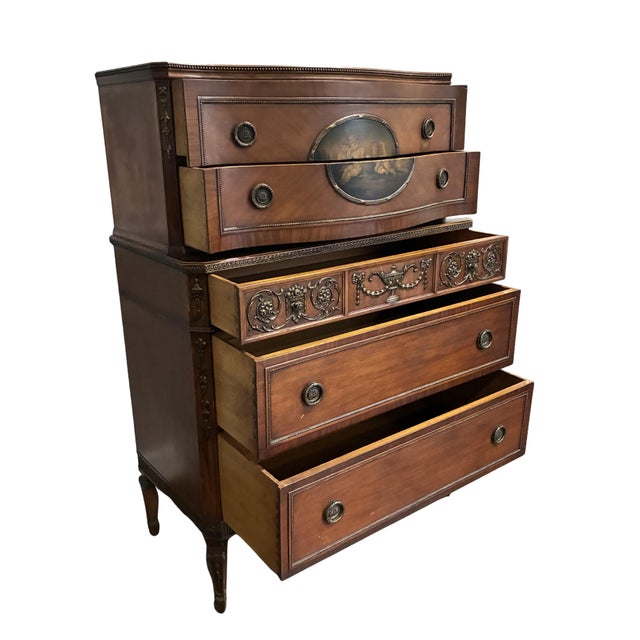 Wood Early 20th Century Neoclassical Mahogany Chest on Chest With Hand-Painted Oval Medallion & Bronze Ormolu For Sale - Image 7 of 12
