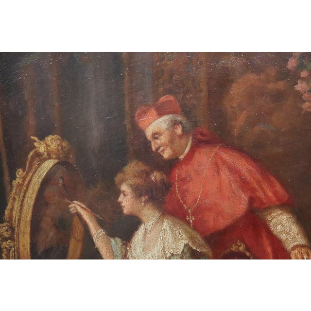 Italian School Artist, Young Woman Painter with Cardinal, Oil Painting on Cardboard, 19th Century, Framed For Sale - Image 4 of 17