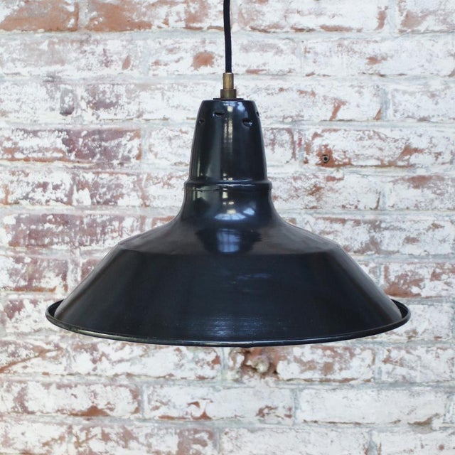 Vintage Industrial French Black Dark Blue Enamel Pendant Lamp For Sale - Image 4 of 5