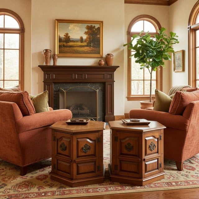 A handsome pair of vintage octagonal end tables crafted in the Colonial Revival style, likely dating to the late...