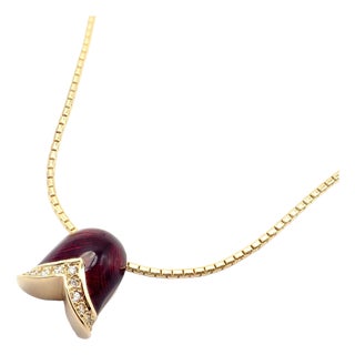 Late 20th Century Fabrege Diamond Tulip Red Enamel Pendant Necklace For Sale