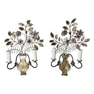 Italian Wall Sconces with Amethyst and Smoky Glass Blossoms, 1950s, Set of 2 For Sale