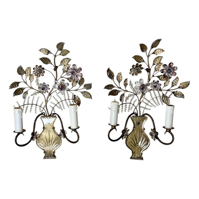 Italian Wall Sconces with Amethyst and Smoky Glass Blossoms, 1950s, Set of 2 For Sale