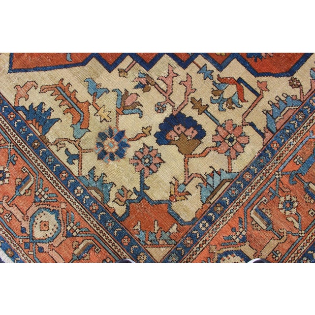 Orange Antique Persian Serapi Rug in Geometric Medallion Design With Orange & Blue 8'2 X 11'3 For Sale - Image 8 of 16