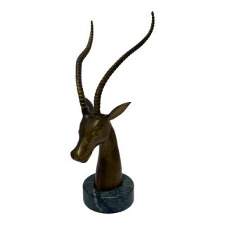 Brass Gazelle Sculpture on Variegated Green Marble Base, 1970s For Sale