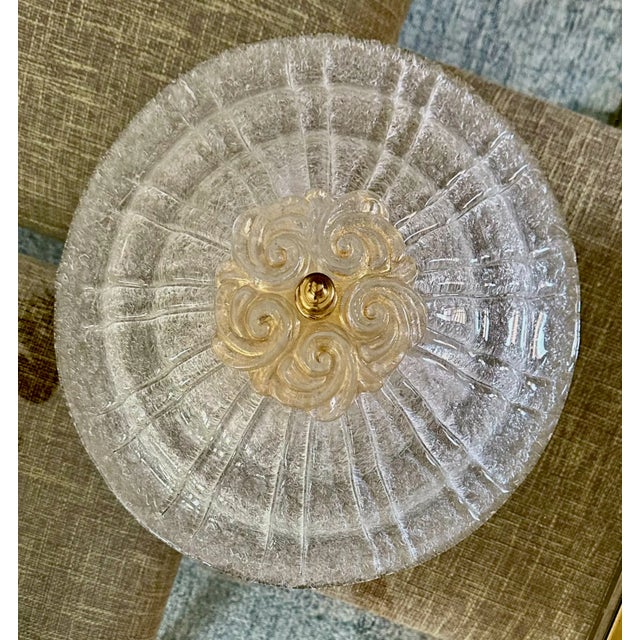 Murano clear with gold center piece glass flush mount ceiling light. Done in the "Rugiadoso" technique, scattered fine...