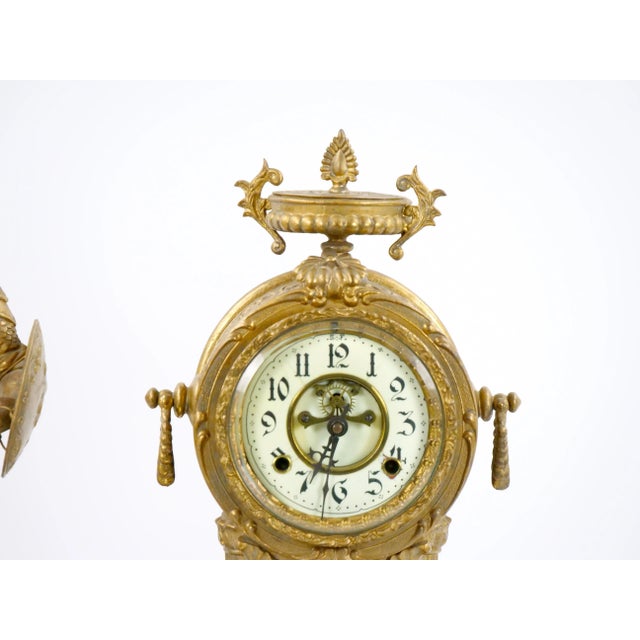 Metal Gilt Bronze Footed Marble Base Mantel Clock Depicting Carthage Warrior For Sale - Image 7 of 12