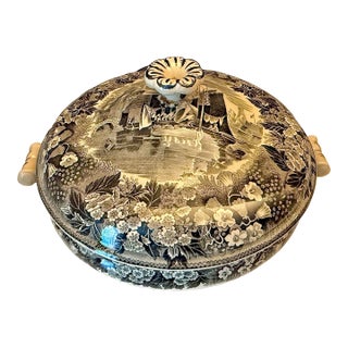 Mid 20th Century Wedgewood Transferware ‘Ferrara Plum’ Black and Tan Covered Vegetable Tureen Featuring Plum Flowers, Ships, & Buildings For Sale