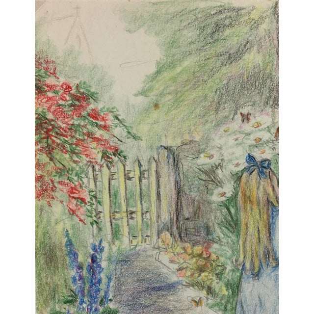 1960s "Exploring the Garden" 1960s Impressionist Style Figurative Pencil Drawing For Sale - Image 4 of 4