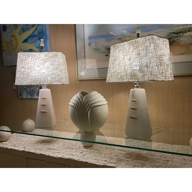 White Pair of Alabaster White and Beige Pyramid Modern Art Deco Table Lamps For Sale - Image 8 of 13