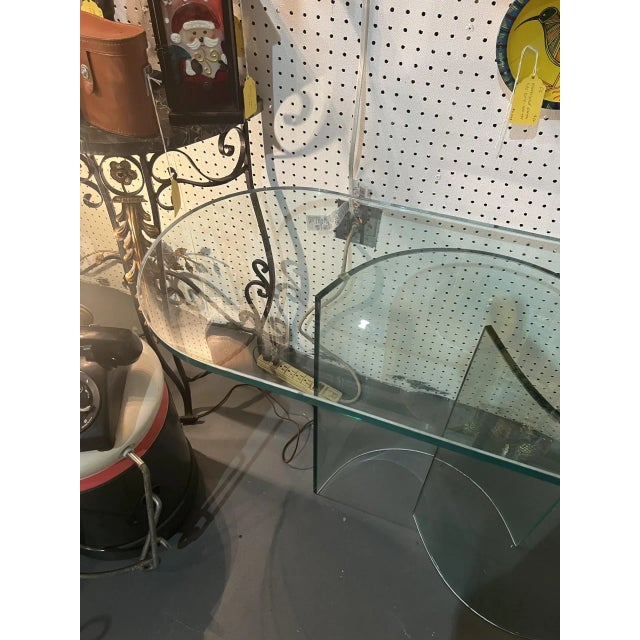 1970s Vintage Modern Curved Glass Oval Console Table with Dual Pedestal Bases For Sale - Image 4 of 6