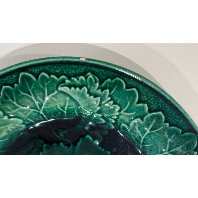 French Country Late 19th Century French Green Majolica Leaves Plate Montreau For Sale - Image 3 of 7