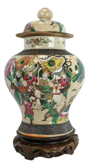Large Chinese Warrior Lidded Jar Oatmeal Glaze Circa 1900