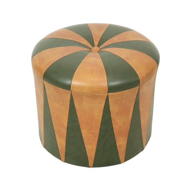 Brown Vintage Round Pouf in Green and Brown Two-Tone Skai, 1960s For Sale - Image 8 of 11