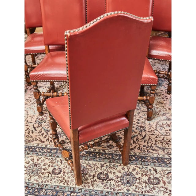 2000 - 2009 Vintage Louis XIII Style Chairs in Oak and Red Leather, Set of 8 For Sale - Image 5 of 11