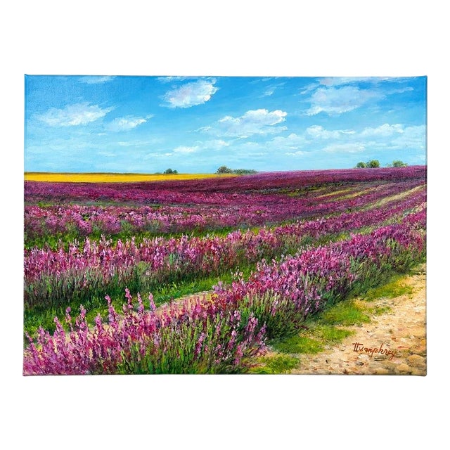 Lavender Field Countryside Landscape Oil Painting on Canvas by Humprey For Sale
