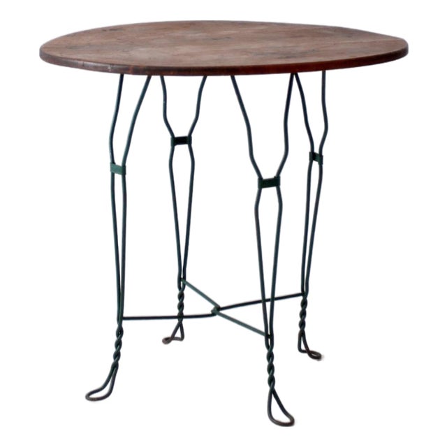 Vintage Mid-Century Wrought Iron Bistro Table With Wood Top For Sale