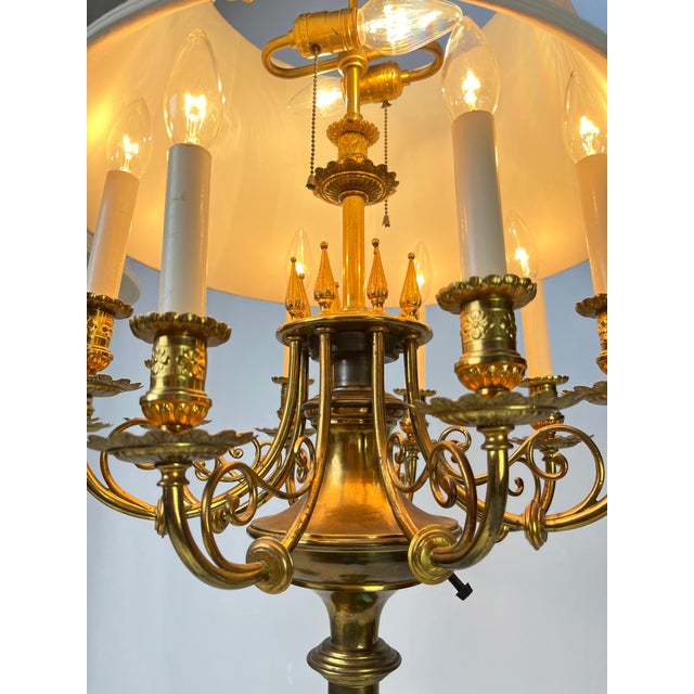Hollywood Regency Mid 20th Century Neoclassical 10-Light Brass Candelabra Floor Lamps With Shades - a Pair For Sale - Image 3 of 17