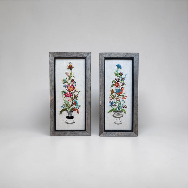 Vintage Textile Framed Wall Art Jacobean Panel Duo Crewel Embroidery Butterfly Bluebird For Sale - Image 12 of 12