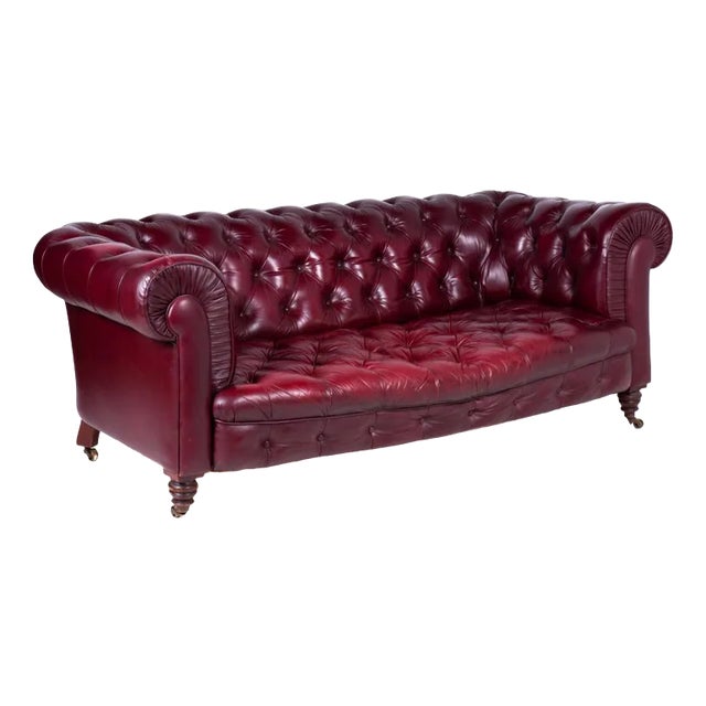 Chesterfield Victorian Burgundy Leather Sofa For Sale